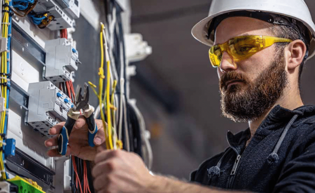 Electrician in a hard hat and goggles fixing wiring in a circuit breaker panel with pliers.