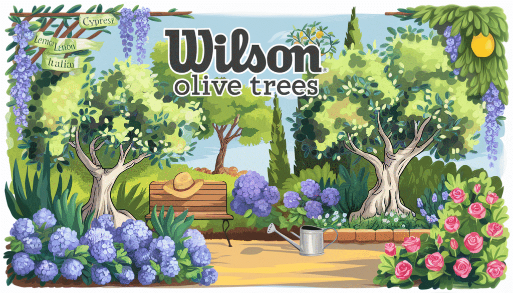 image Illustrated garden with olive trees, flowers, a bench, and watering can, promoting Wilson Olive Trees. | Sky Rye Design Illustrated garden with olive trees, flowers, a bench, and watering can, promoting Wilson Olive Trees.
