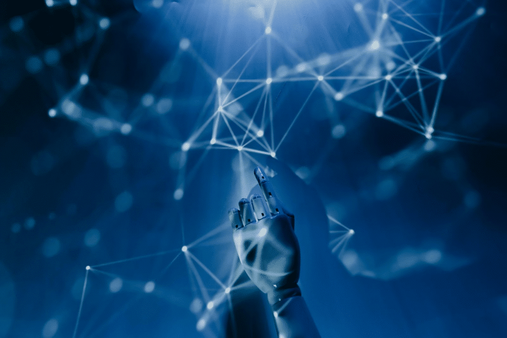 Robot hand interacting with a digital network, symbolizing technology and AI integration.
