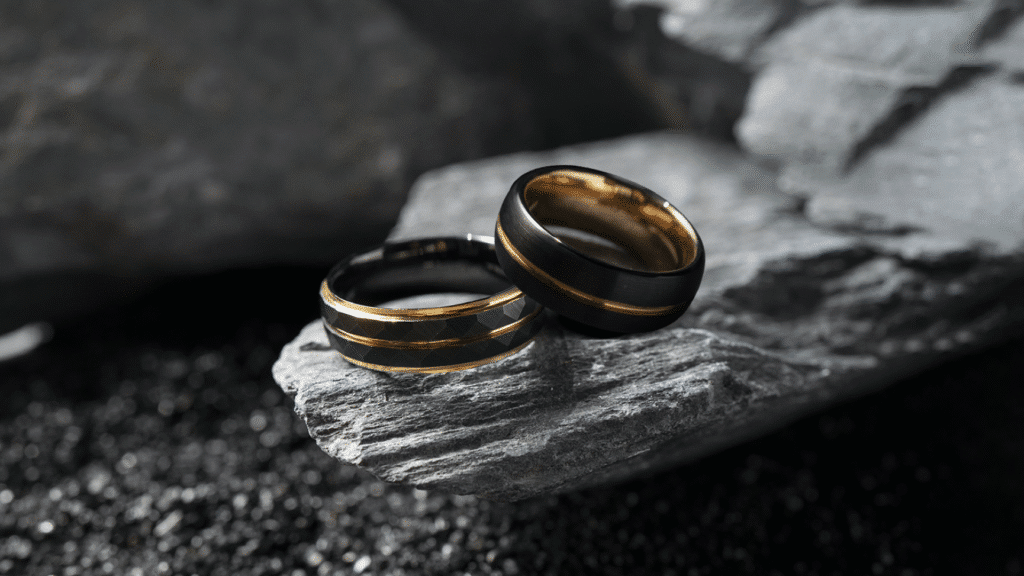 Two elegant black and gold rings on textured stone, symbolizing modern style and timeless elegance.