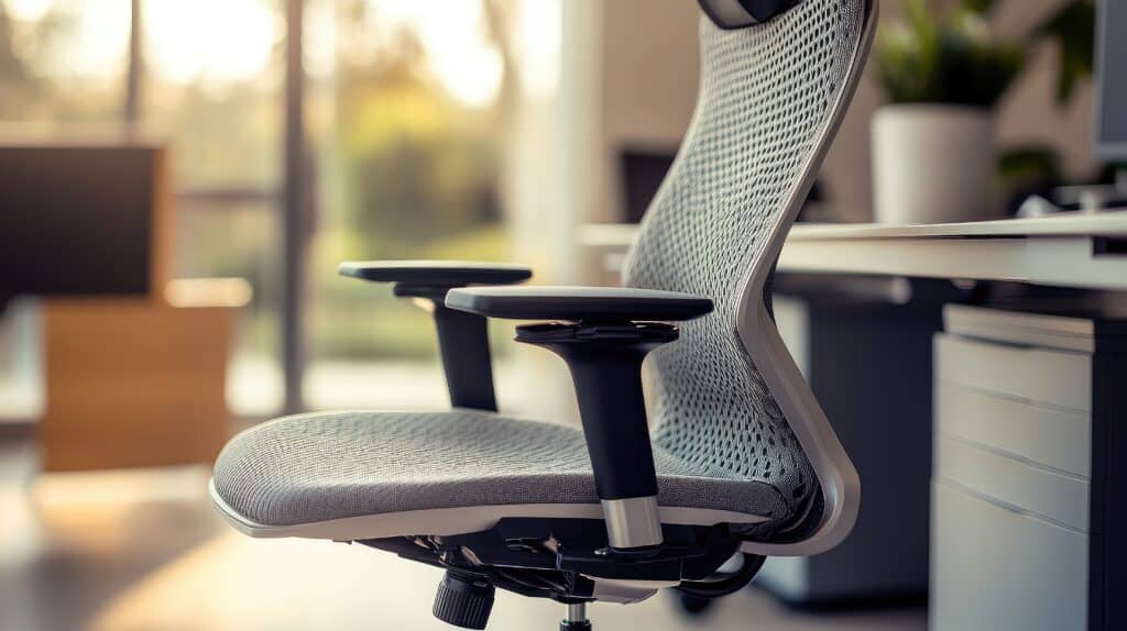 A detailed shot of an ergonomic office chair with adjustable armrests and mesh fabric Ergonomic mesh office chair with armrests in a modern workspace, near a desk and window. | Sky Rye Design Ergonomic mesh office chair with armrests in a modern workspace, near a desk and window.