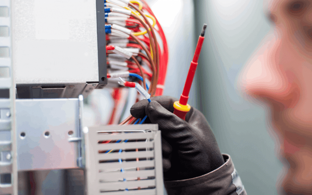 Technician working on electrical panel with tester and wires.