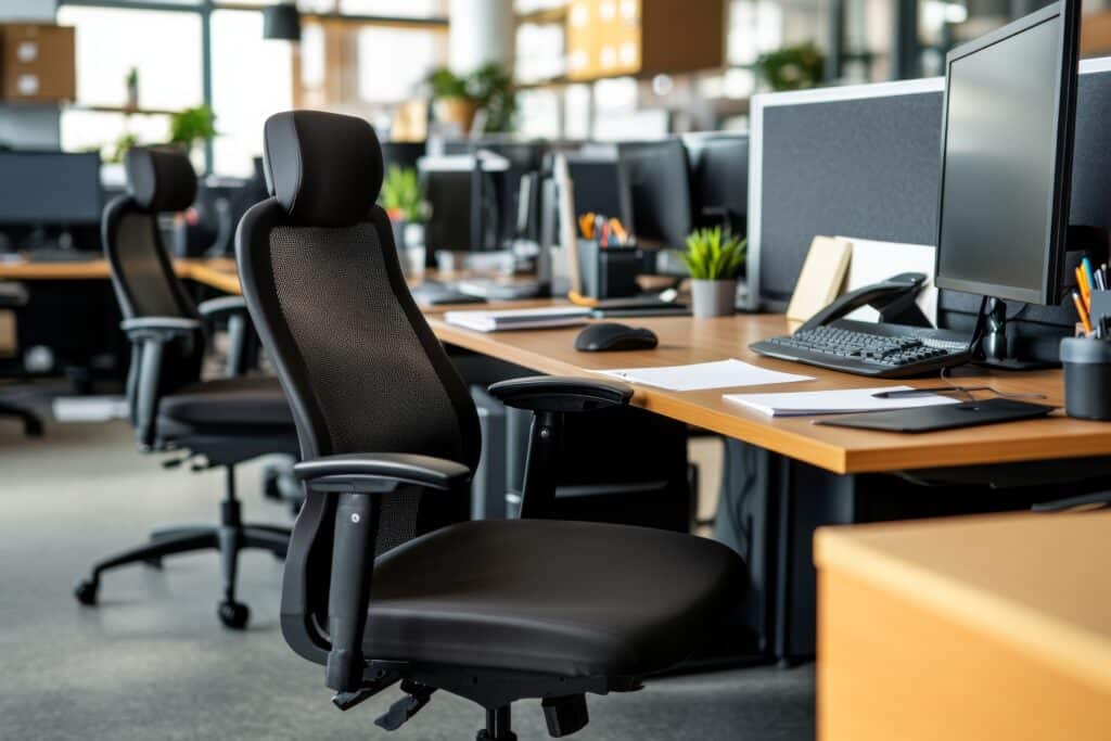 Modern office interior with ergonomic chairs and desks, featuring computers, stationery, and potted plants.