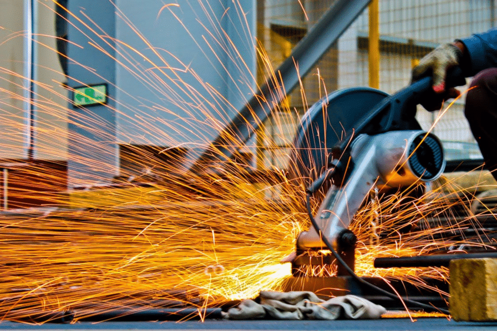 image Worker using a power saw with flying sparks in a metal workshop. | Sky Rye Design Worker using a power saw with flying sparks in a metal workshop.