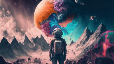 Astronaut gazes at a colorful planet in a surreal alien landscape with mountains and multiple smaller planets.