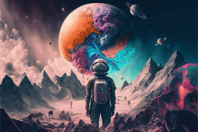 image-74-66-1024x683 Astronaut gazes at a colorful planet in a surreal alien landscape with mountains and multiple smaller planets. | Sky Rye Design Astronaut gazes at a colorful planet in a surreal alien landscape with mountains and multiple smaller planets.