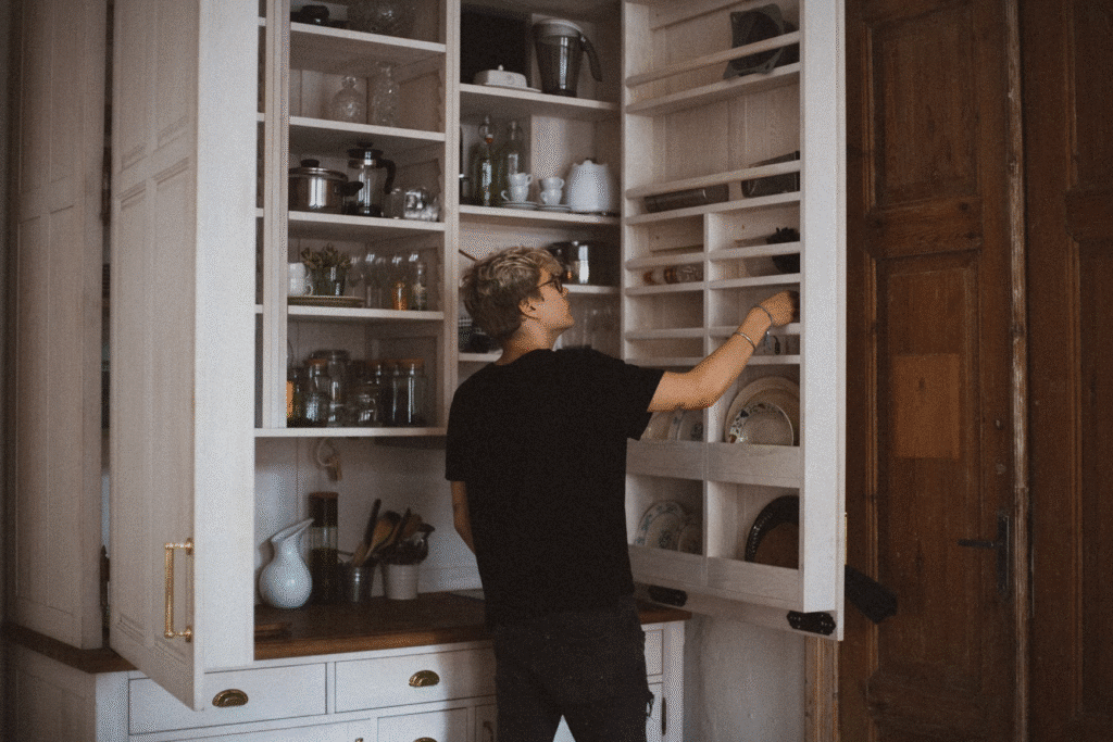 image1 Person organizing kitchen shelves filled with dishes and utensils, wearing a black shirt. Home organization concept. | Sky Rye Design Person organizing kitchen shelves filled with dishes and utensils, wearing a black shirt. Home organization concept.