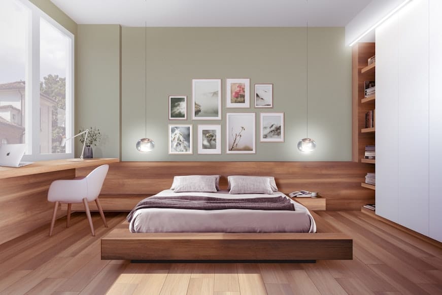image1 Modern bedroom with minimalist decor, wooden flooring, framed art, and a built-in desk by a large window. | Sky Rye Design Modern bedroom with minimalist decor, wooden flooring, framed art, and a built-in desk by a large window.