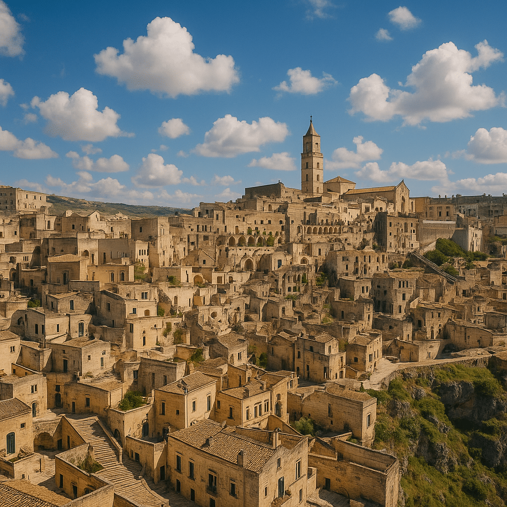 Ancient stone cityscape under blue sky with clouds, featuring historic buildings and a tall tower.