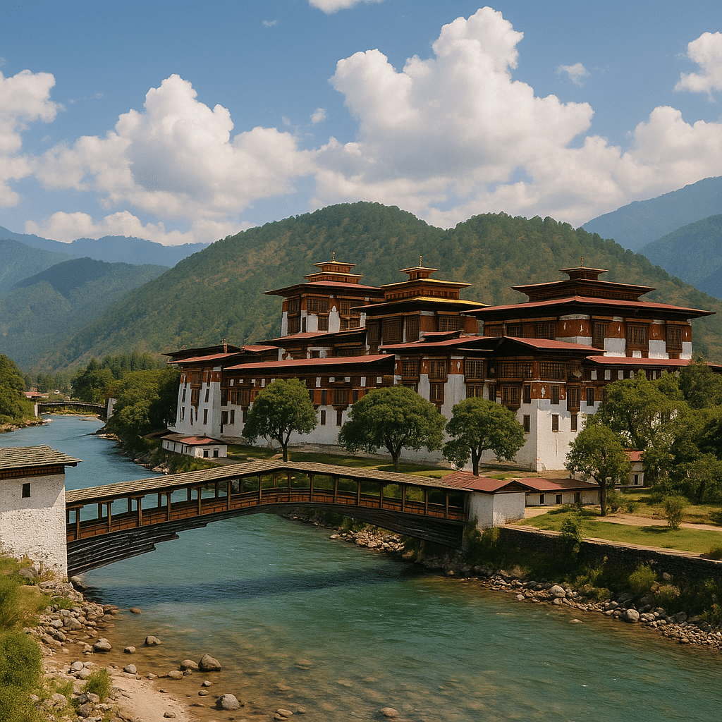 Majestic dzong by river in Bhutan, surrounded by mountains and vibrant blue sky with fluffy clouds.