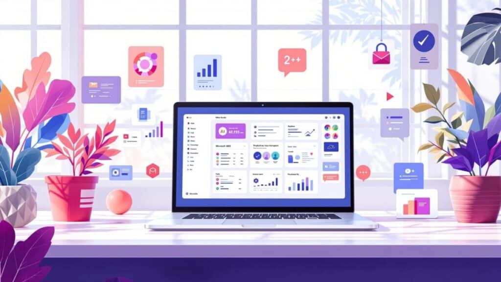Laptop displaying colorful analytics dashboard with floating graphs and icons, surrounded by vibrant plants.
