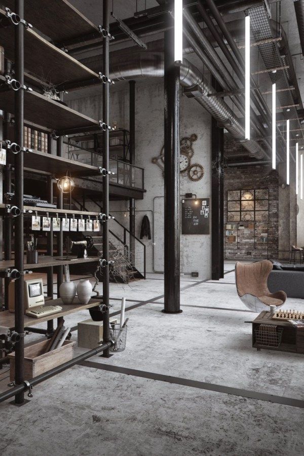 Industrial loft space with minimalist decor, exposed pipes, shelves, and vintage accents. Cozy yet modern ambiance.