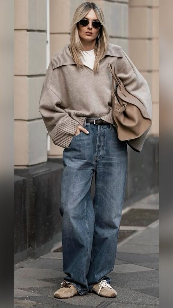 iuhoo Fashionable woman in oversized sweater and jeans, holding a bag, wearing sunglasses, street style. | Sky Rye Design Fashionable woman in oversized sweater and jeans, holding a bag, wearing sunglasses, street style.