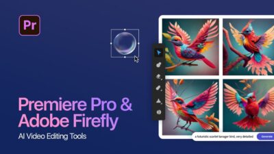 Adobe Premiere Pro and Firefly AI tools interface with vibrant bird illustrations.