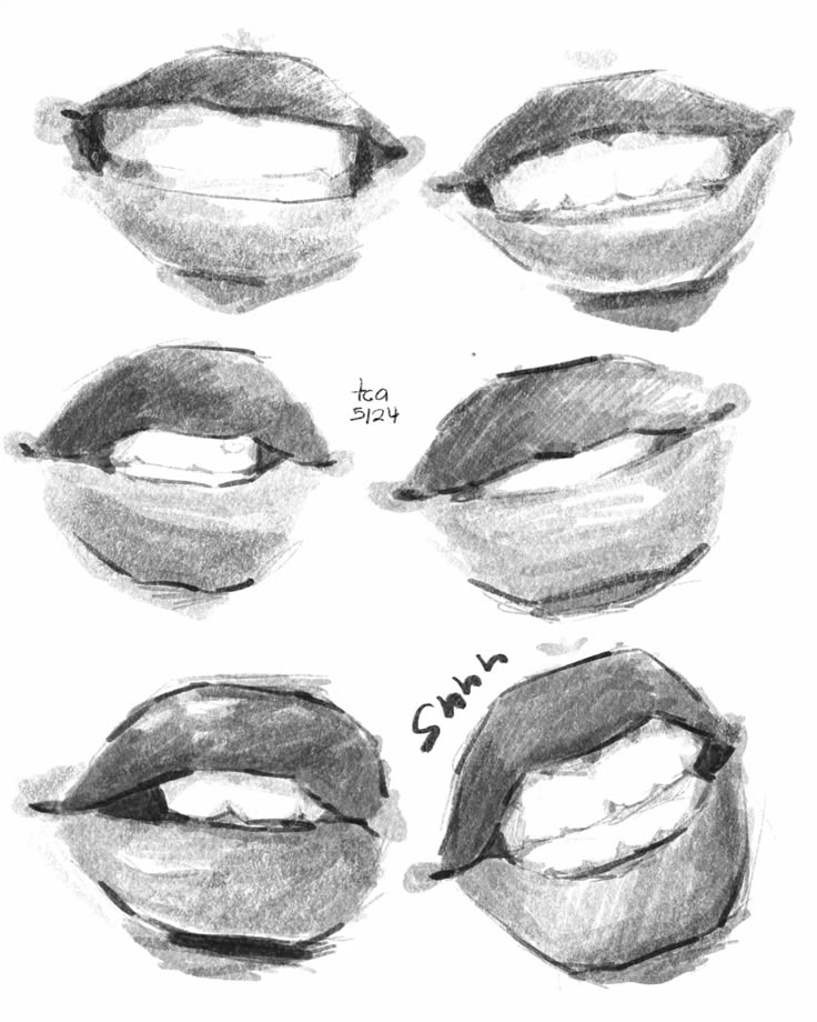 Charcoal sketches of expressive lips, each showing different emotions and positions, including a shhh gesture.
