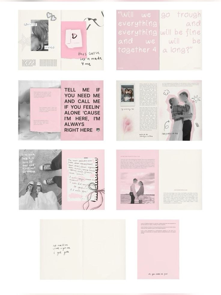 Collage of romantic quotes and photos with pink accents, featuring couples and handwritten notes.