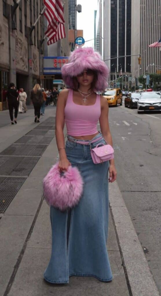 Fashionable person in denim skirt and pink accessories walking in city, showcasing trendy street style.