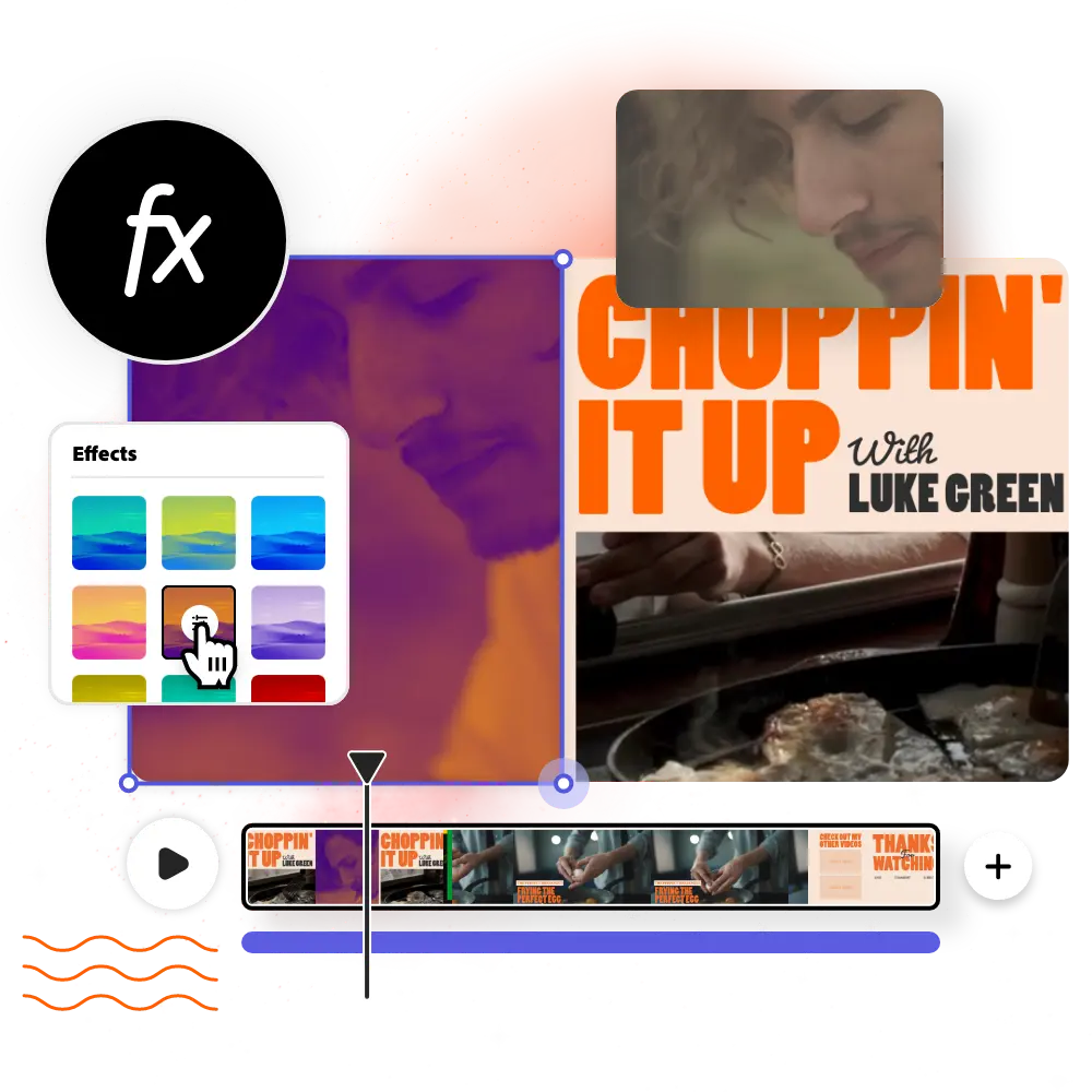 media_1e95fbe083f7dc8310dc63675d4760a66c6ae4021 Video editing interface with colorful effects for Choppin' It Up with Luke Green cooking video. | Sky Rye Design Video editing interface with colorful effects for Choppin' It Up with Luke Green cooking video.