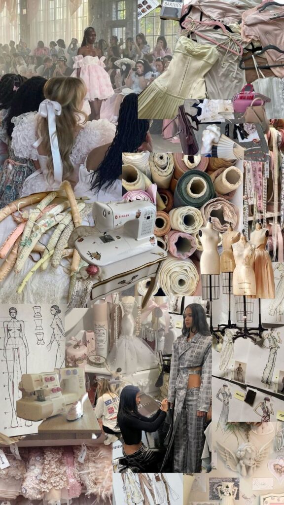Collage of fashion design elements: runway show, fabrics, sewing machines, sketches, and dress forms.