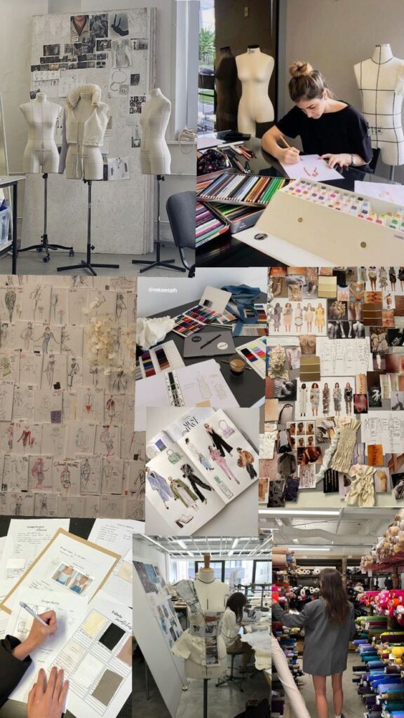 Fashion design studio with mood boards, sketches, and fabric rolls. Designers at work, mannequins on display.