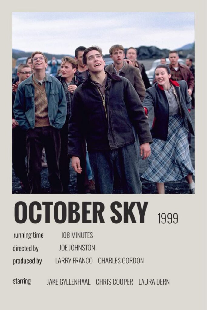 October Sky movie poster with a group of people looking at the sky, cast and crew details listed below, 1999 film.