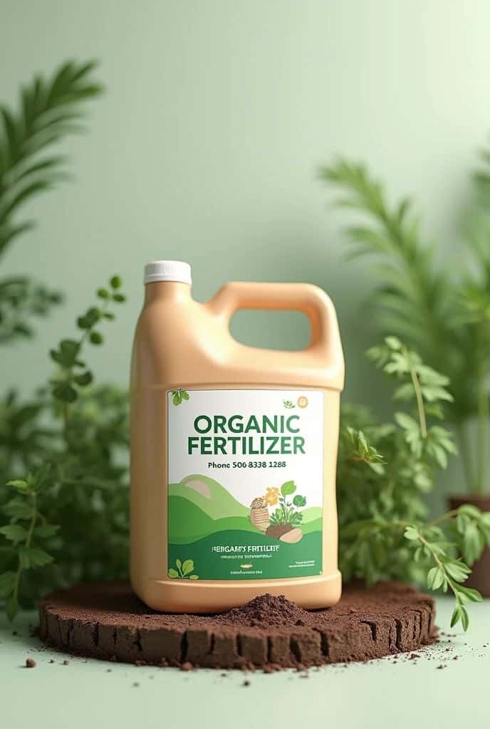 A bottle of organic fertilizer on soil, surrounded by lush green plants, with a light green background.
