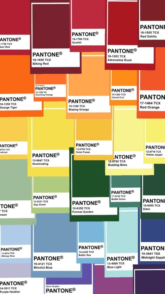 Pantone color swatches including Scarlet, Blazing Orange, Solar Power, and Blissful Blue, arranged in a collage.
