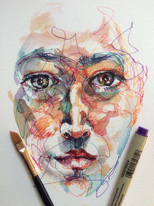 pen and ink art Abstract watercolor portrait with vivid colors and intricate lines, accompanied by a paintbrush and marker. | Sky Rye Design Abstract watercolor portrait with vivid colors and intricate lines, accompanied by a paintbrush and marker.