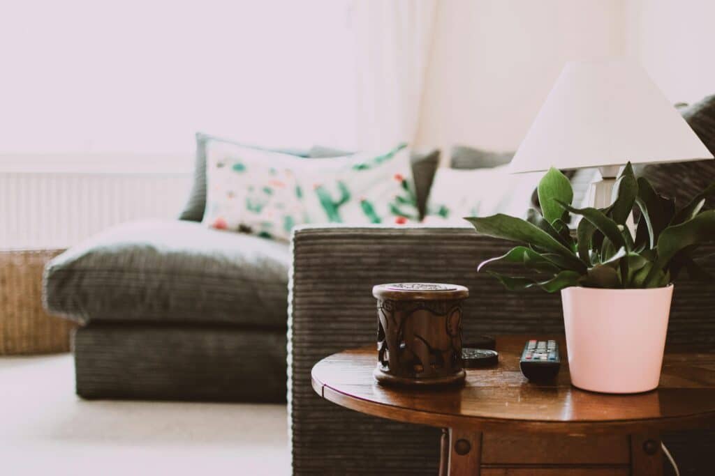 Cozy living room with a potted plant and lamp on a wooden table, soft couch in the background.