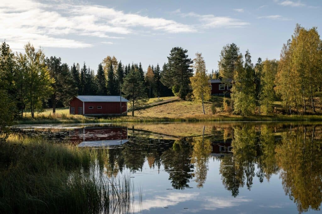 Peaceful lake with trees and red cabins reflecting in water under blue sky. Tranquil rural landscape scene.