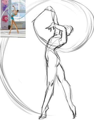 Sketch of a gymnast performing with a ribbon, capturing motion and grace in a dynamic pose.