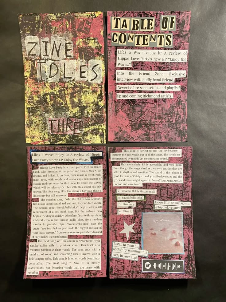 Grungy zine collage with Zine Idles title, table of contents, and articles on music bands and reviews.