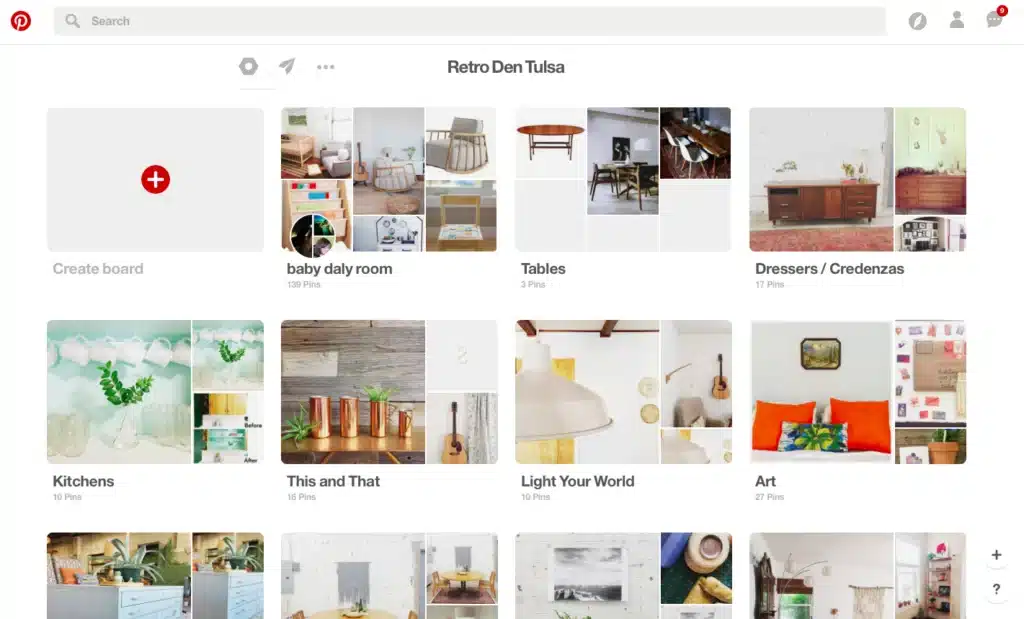 Pinterest boards featuring home decor ideas including baby room, tables, dressers, kitchens, and art inspiration.