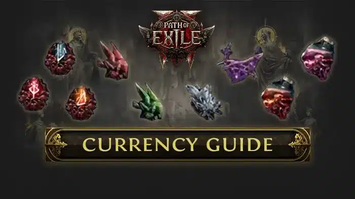 Path of Exile currency guide with various in-game currency items and logo on display.