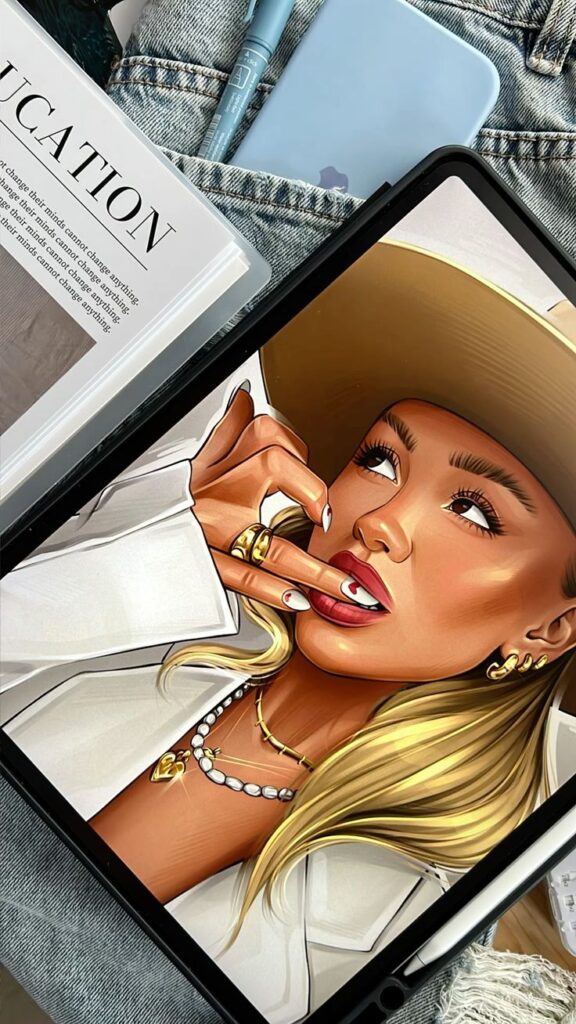 Digital art of a stylish woman in a hat on a tablet, surrounded by a book and essentials on denim background.