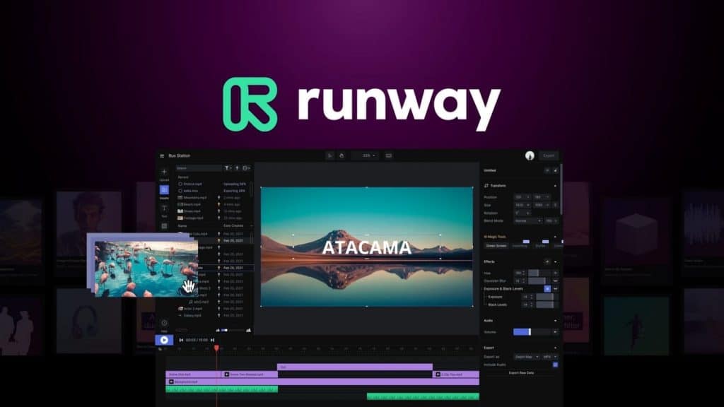 Video editing software interface with 'Runway' logo and Atacama desert image on screen.