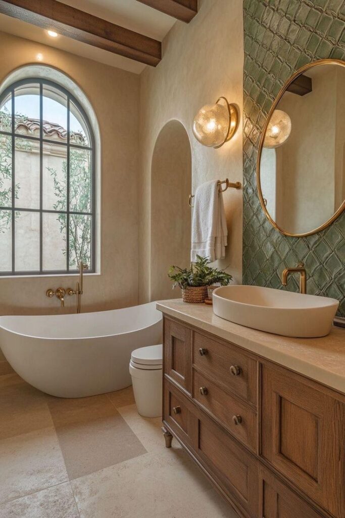 ruthalt - Nice 💥 _ Facebook Elegant bathroom with freestanding tub, arched window, wooden vanity, and round mirror for a chic, serene design. | Sky Rye Design Elegant bathroom with freestanding tub, arched window, wooden vanity, and round mirror for a chic, serene design.