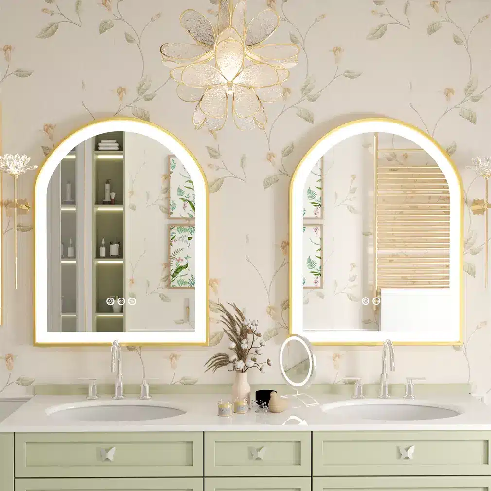 s-l1600_2 Elegant bathroom with dual sinks, arched mirrors, floral wallpaper, and soft green vanity cabinets. | Sky Rye Design Elegant bathroom with dual sinks, arched mirrors, floral wallpaper, and soft green vanity cabinets.