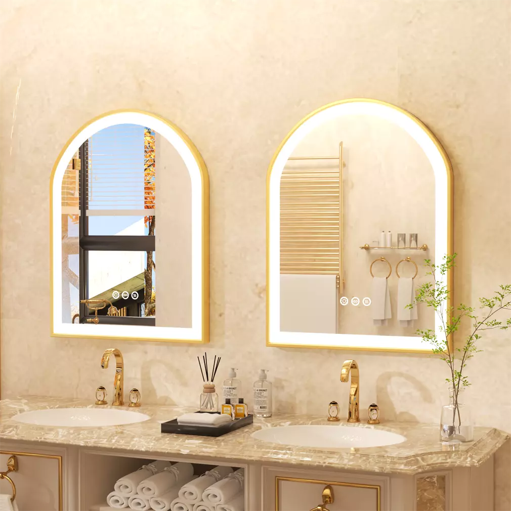 s-l1600_3 Luxurious bathroom with dual gold-framed lighted mirrors, marble countertop, gold faucets, and elegant decor. | Sky Rye Design Luxurious bathroom with dual gold-framed lighted mirrors, marble countertop, gold faucets, and elegant decor.