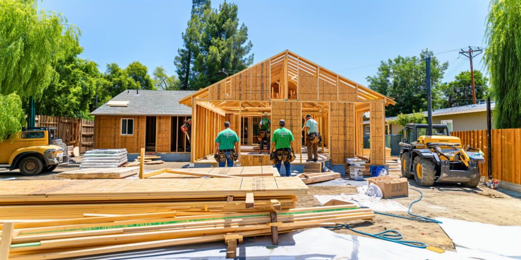 Construction workers building house framework under sunny skies.