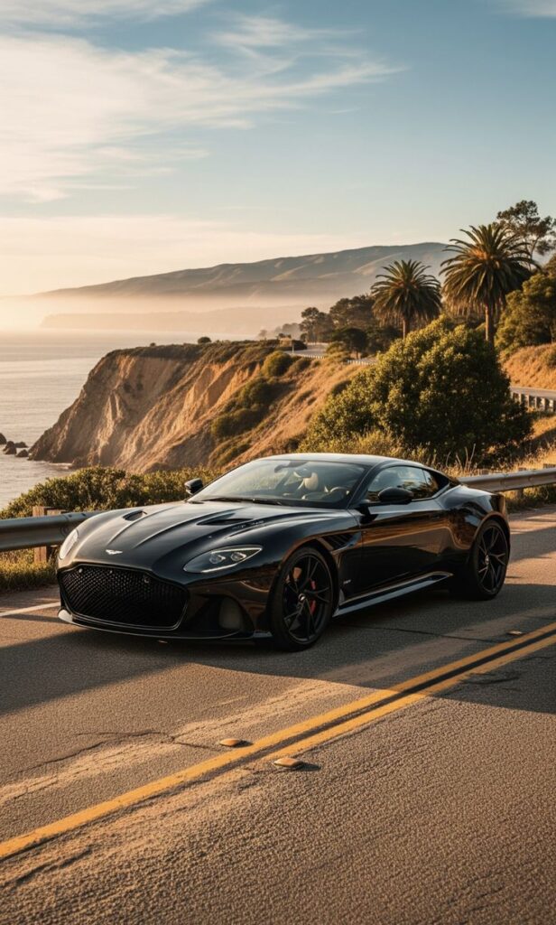 Luxury black car on a coastal road during sunset with scenic ocean views and palm trees in the background.