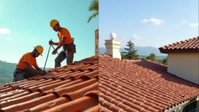 Workers installing red roof tiles on a house under a clear blue sky.