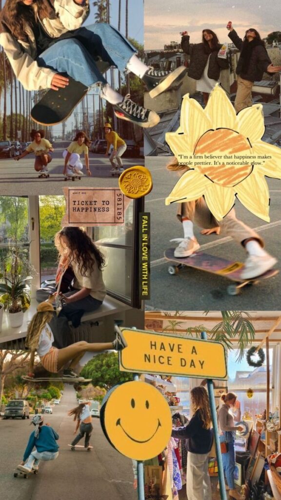 Collage of happy people skateboarding, enjoying life, and a Have a Nice Day sign for positivity and adventure.