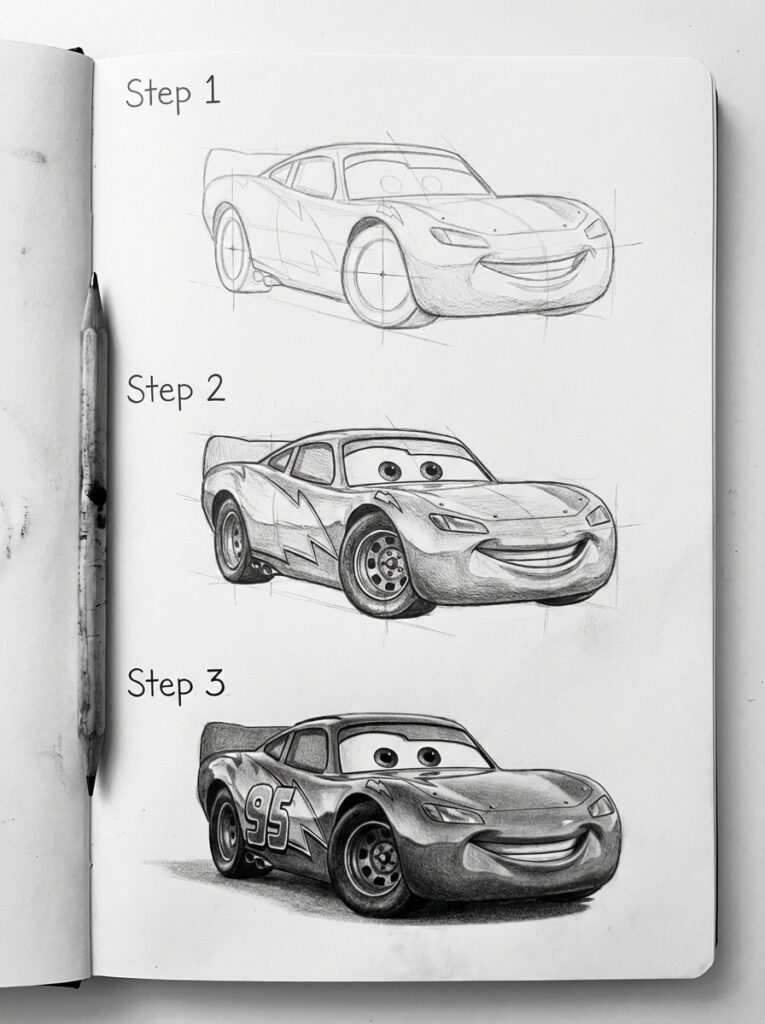 sketch-tutorial 12 Pencil drawing tutorial showing three steps to sketch a race car character in a notebook, progressing from outline to detailed shading. | Sky Rye Design Pencil drawing tutorial showing three steps to sketch a race car character in a notebook, progressing from outline to detailed shading.