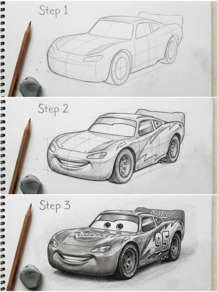 sketch-tutorial 13 Step-by-step car drawing guide: sketch outlines, add details, and complete with shading for a realistic finish. | Sky Rye Design Step-by-step car drawing guide: sketch outlines, add details, and complete with shading for a realistic finish.