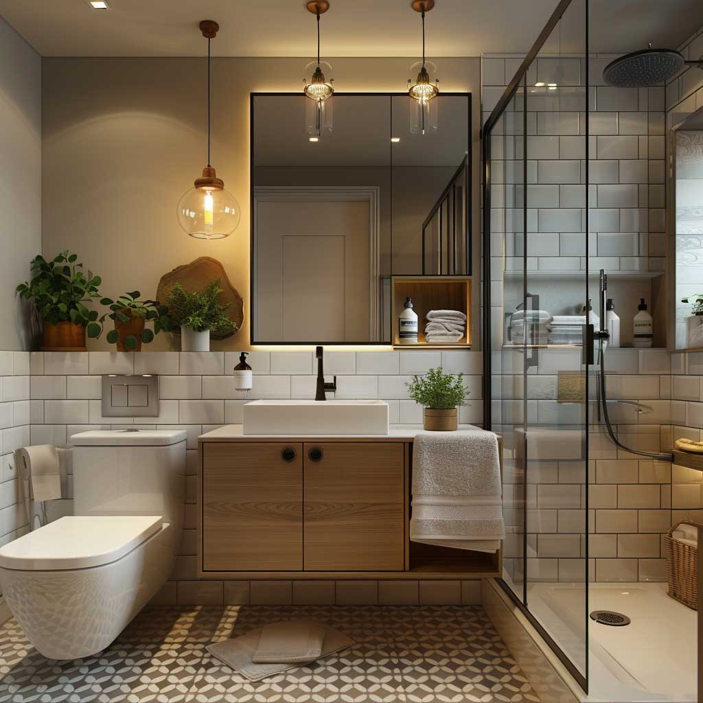 Modern bathroom with glass shower, wood vanity, and plants, showcasing stylish lighting and geometric floor tiles.