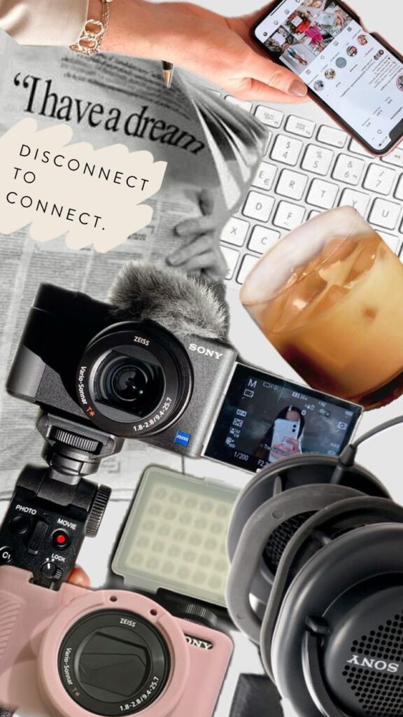 socialmedia video media journalism Collage of gadgets, newspaper, and coffee with Disconnect to Connect text overlay. Creative workspace vibe. | Sky Rye Design Collage of gadgets, newspaper, and coffee with Disconnect to Connect text overlay. Creative workspace vibe.