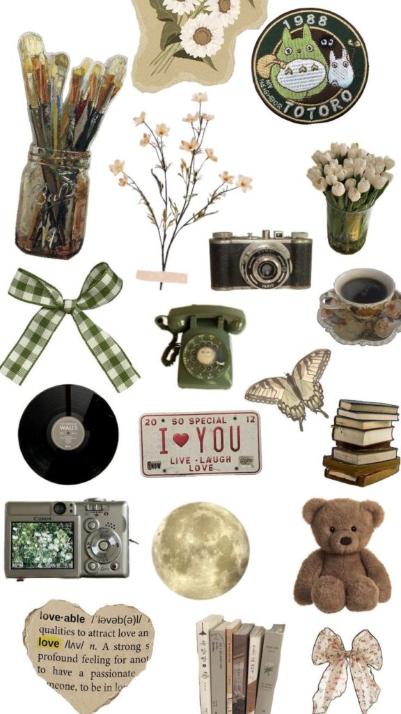 Collage of vintage items: flowers, books, teddy bear, camera, vinyl, phone, ribbon, and more. Retro aesthetic vibes.