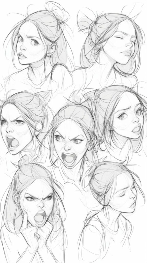 Sketches of a woman showing various facial expressions, including anger, curiosity, and contemplation.