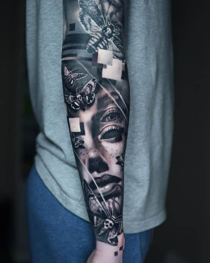 tattoo tattooideas tattoogirls tattoomodel tattooart татуировка blacktattoo sketch sketchtattoo blackwork linework tattooart эскизытатуировок эскиз тату art artwork anime minitattoo э Detailed tattoo sleeve art with moths and a woman's face, showcasing black and grey realism on a forearm. | Sky Rye Design Detailed tattoo sleeve art with moths and a woman's face, showcasing black and grey realism on a forearm.